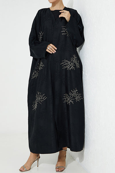 MOiSTREET  Black Jacquard Embroidered Abaya (7665582407907) عباية سوداء