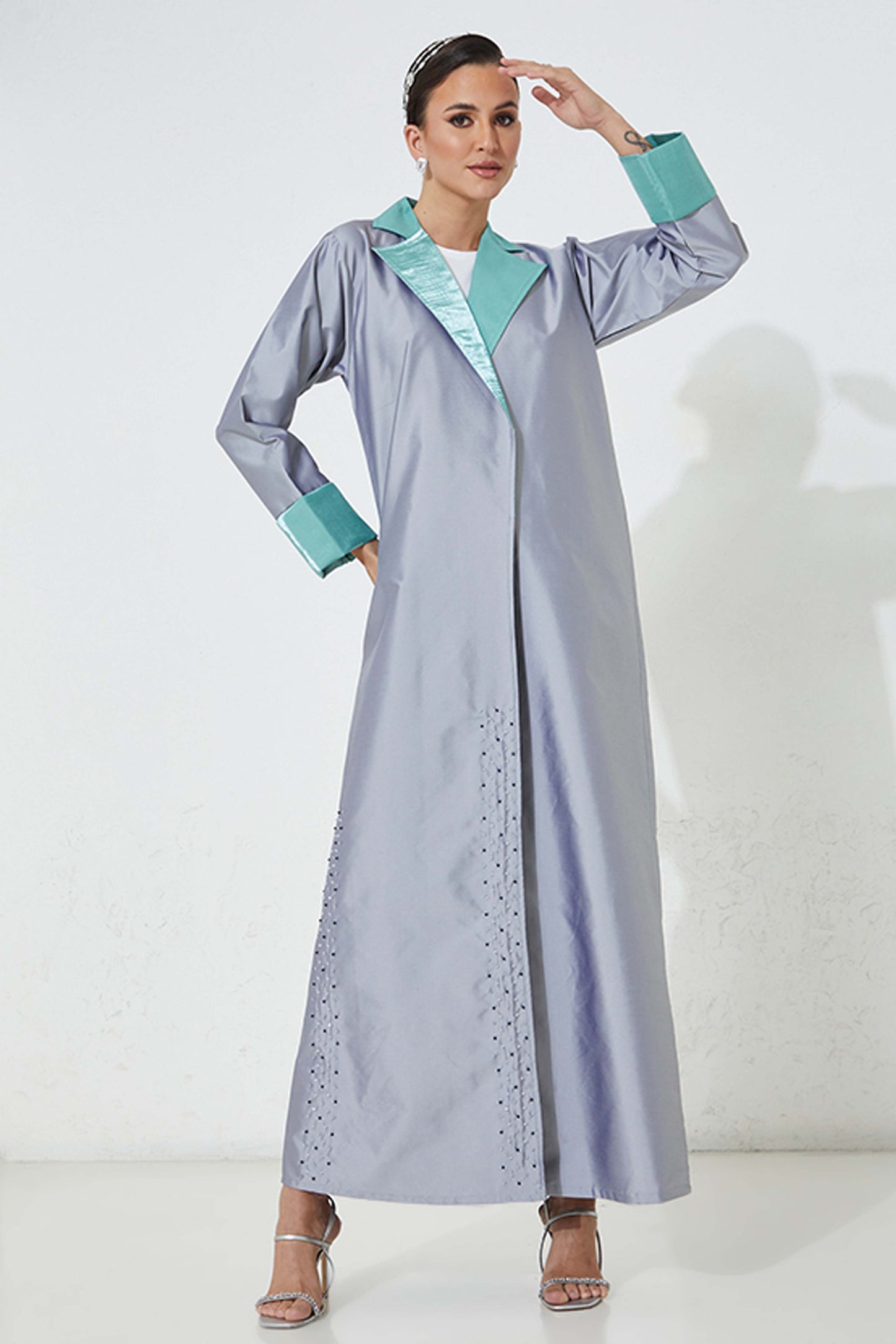 MOiSTREET Grey Victoria Satin Abaya With Handwork (7938374074595)