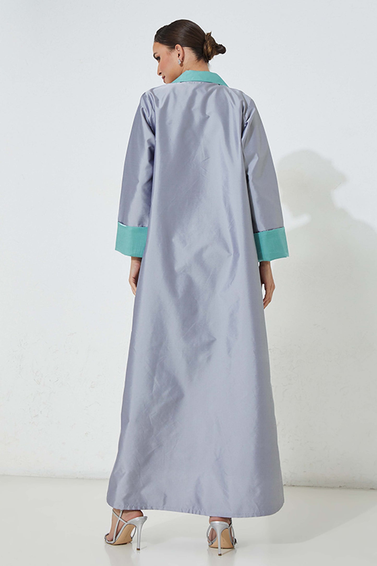 MOiSTREET Grey Victoria Satin Abaya With Handwork (7938374074595)