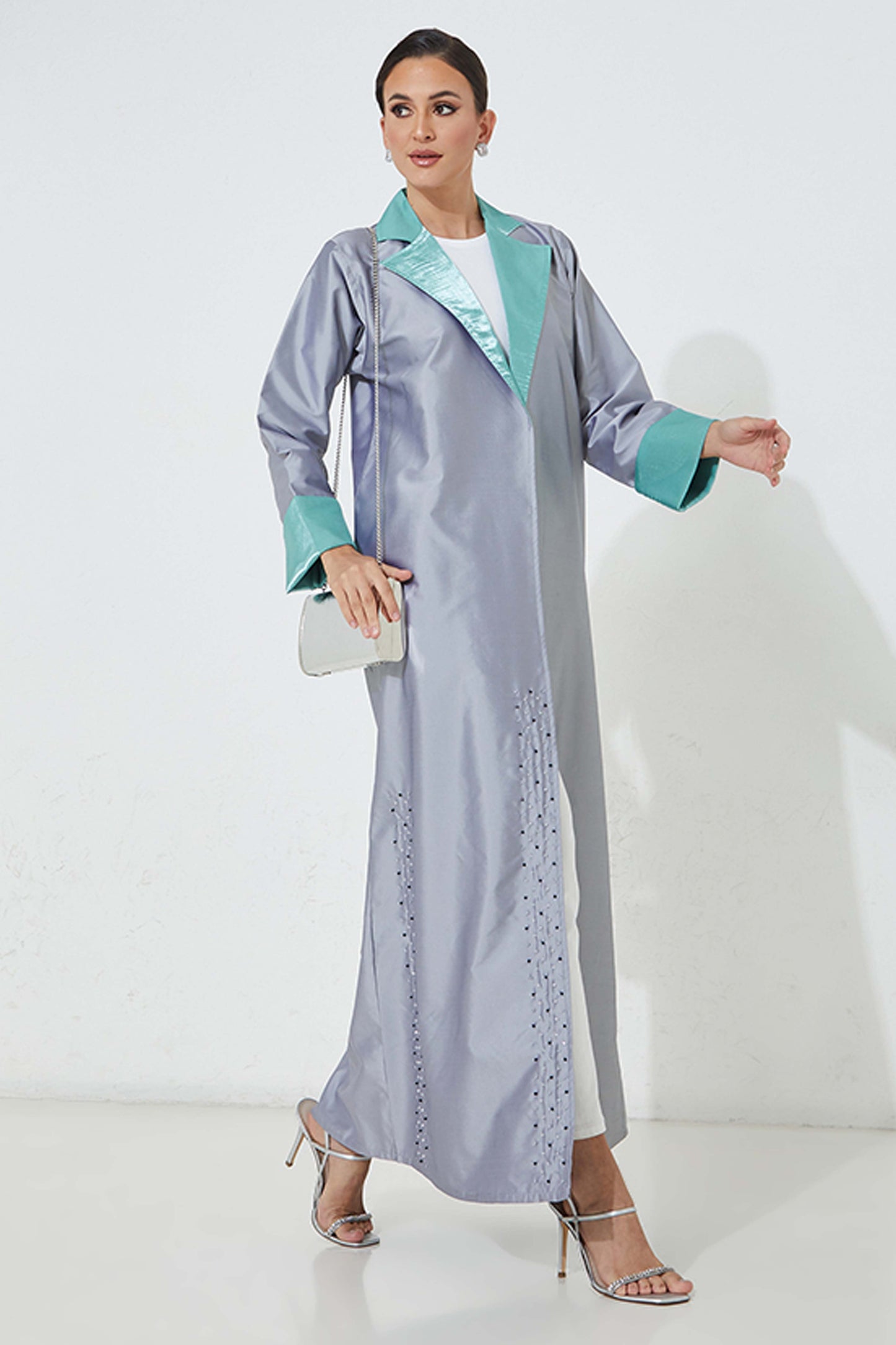 MOiSTREET Grey Victoria Satin Abaya With Handwork (7938374074595)