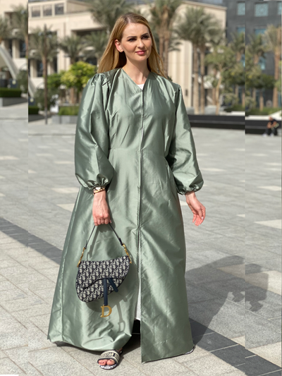 MOiSTREET Green Victoria Satin Abaya Set with Under Dress & Sheila (6701419004088)