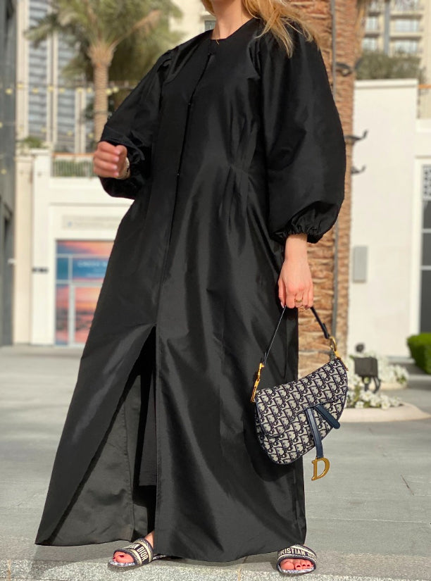 MOiSTREET Victoria Satin Bubble Sleeves & Gather Details Black Abaya Set with Under Dress & Sheila (6701419299000)