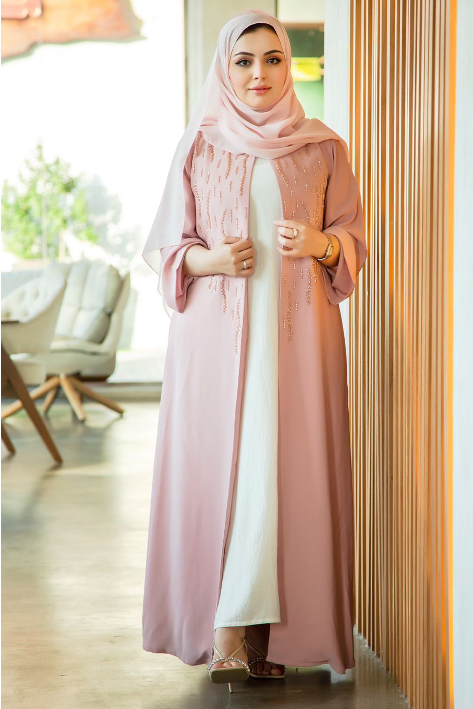 MOiSTREET Tan Korean Nida Front Embroidered Abaya (7899103101155)